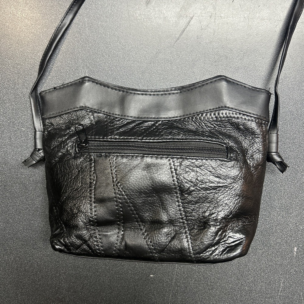 Vintage 1980s Black Leather Textured Patchwork Purse Shoulder Bag 90s Grunge